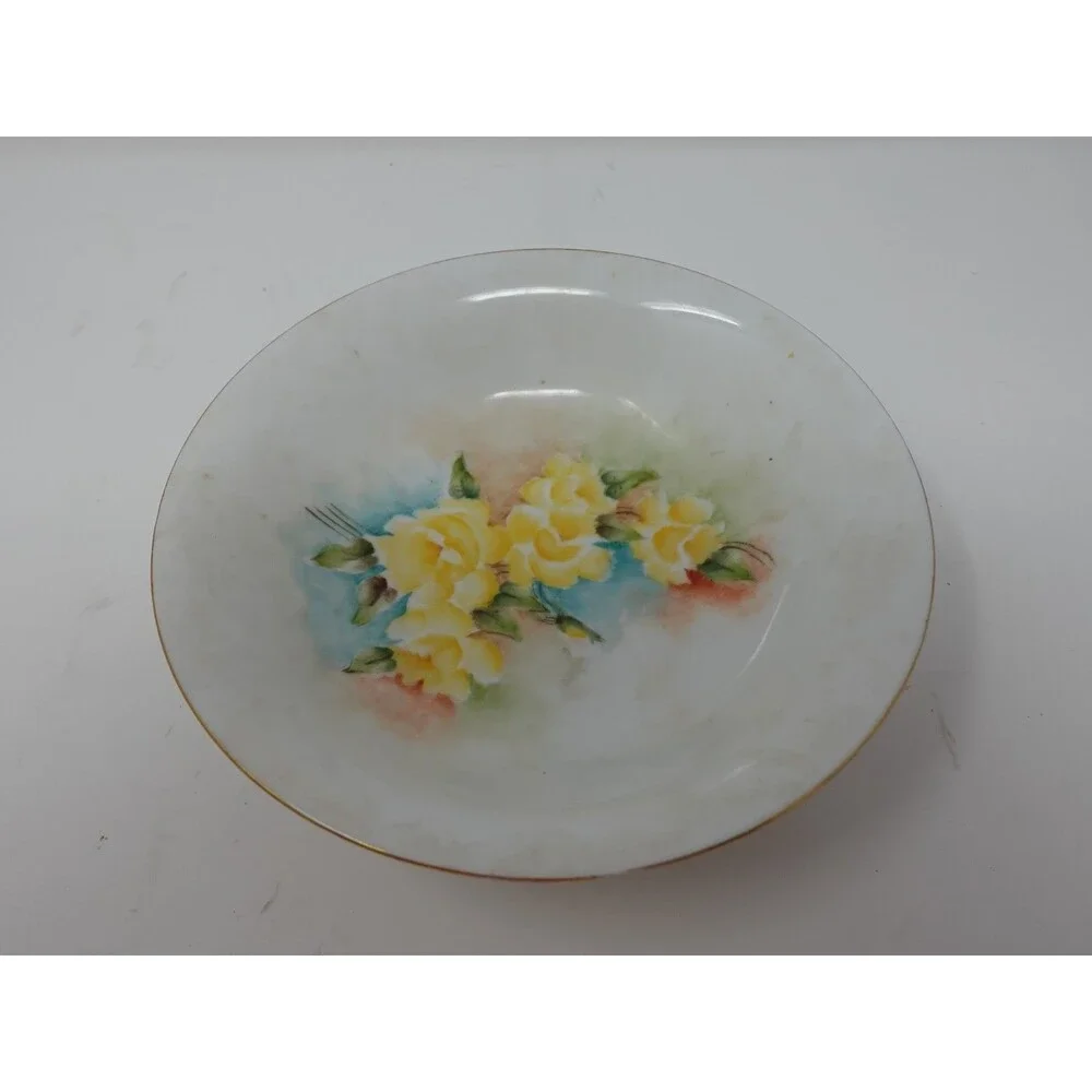 Vintage Hand Painted German Bowl V. Rose 1945 Yellow Roses Floral Porcelain